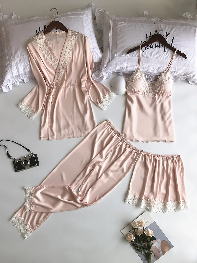 

4 Pcs Lace Sexy Robe Sets Spaghetti Strap+Cardigan+Pant Pajamas Set for Women Spring Autumn Robes Set Pink Pyjamas Sleepwear