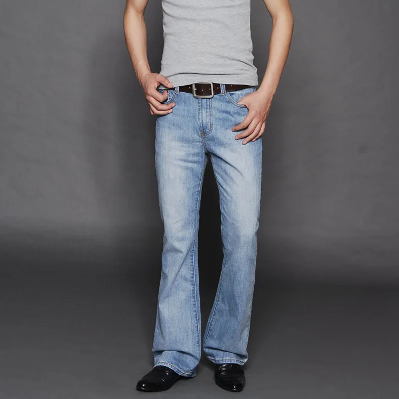 Новые светло-голубые расклешенные мужские джинсовые брюки с колокольчиком, большие размеры, джинсы, средняя талия