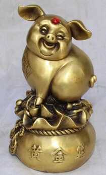 

B0602 6" Chinese Lucky Bronze Wealth Yuanbao Animal Pig Swine On Money Bag Sculpture statue
