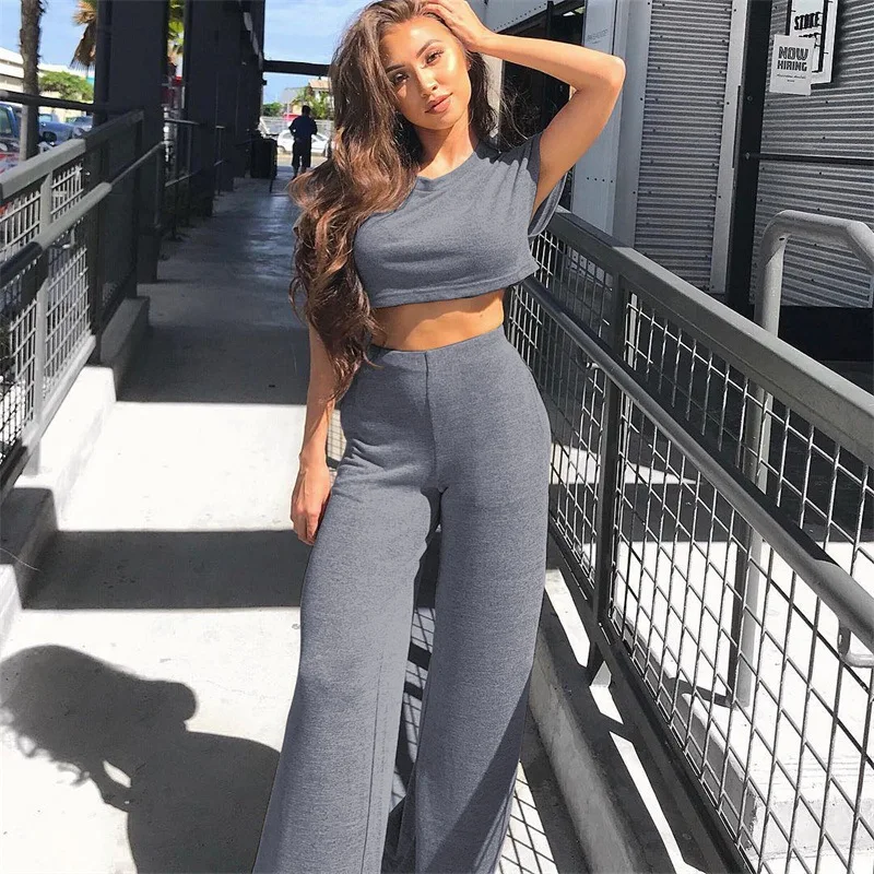 

BKLD Crop Top and Wide Leg Pants Set Women Summer Short Sleeve Grey Top Round Neck Two Piece Sets Sexy Clothes For Women
