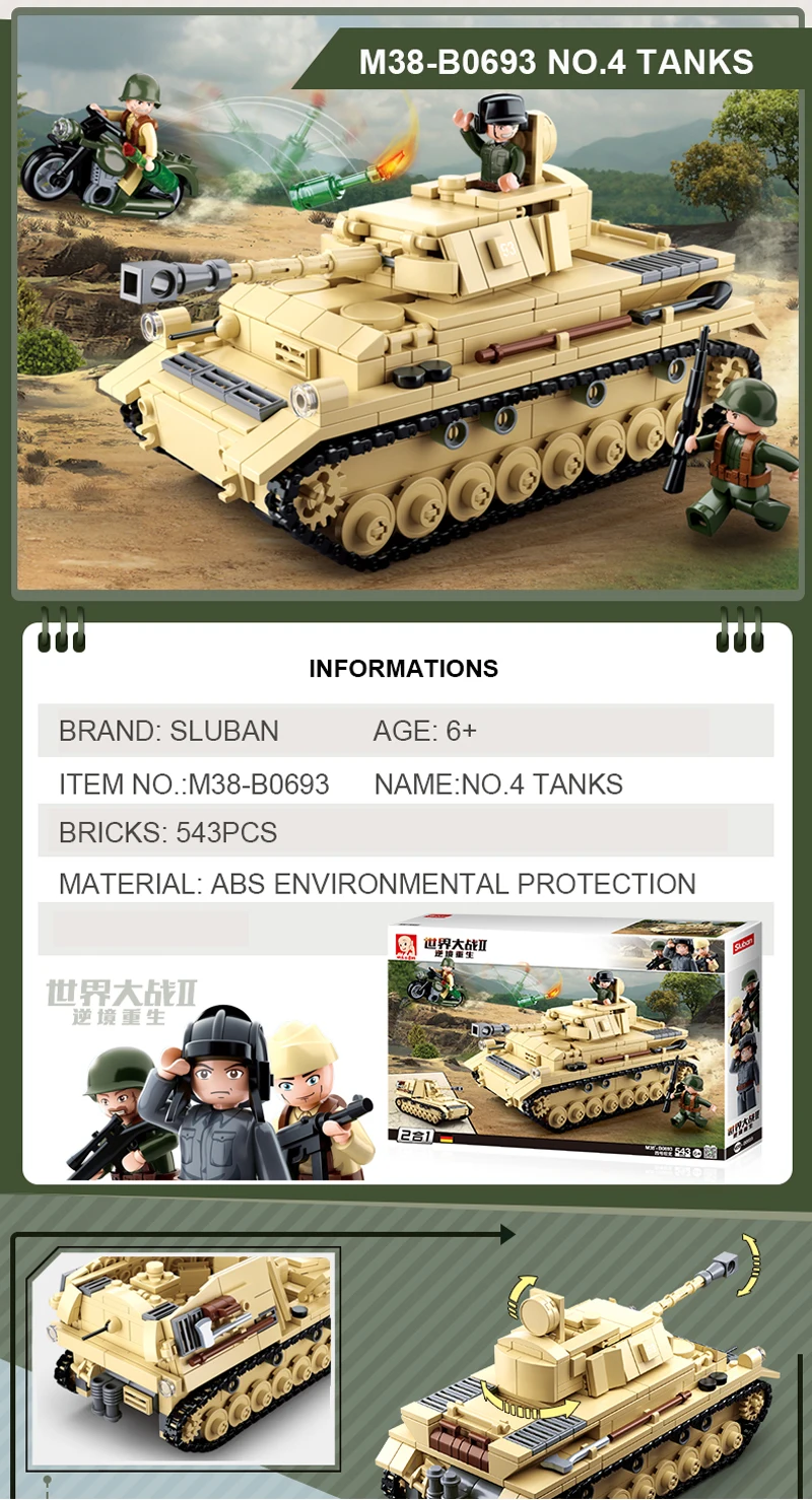 Sluban Compatible Military Tank World War ii German Army Troops Building Blocks Bricks Helicopter Model Toys