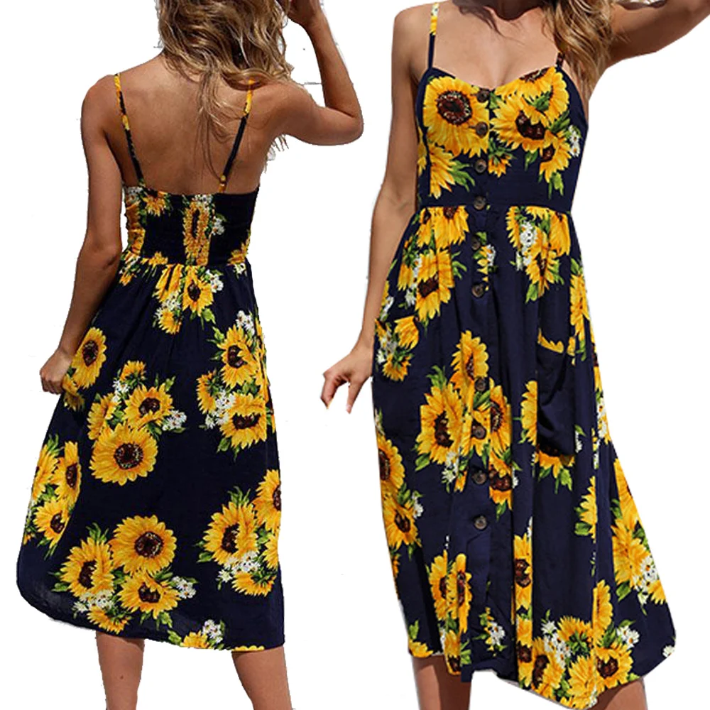 casual dresses with High Waist Sunflower Print Spaghetti Strap Pocket ...