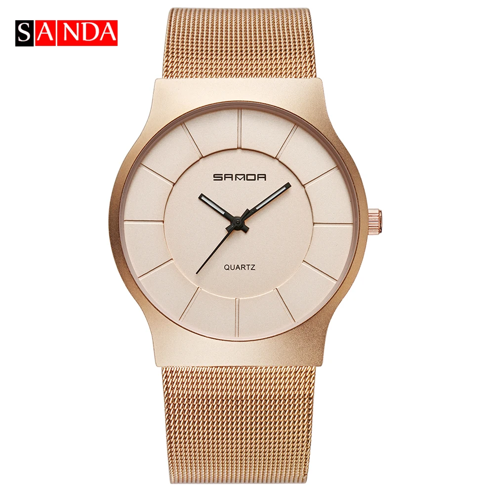 SANDA супер тонкий унисекс часы Роскошные розовое золото сетки часы для мужчин/для женщин Мода Бизнес наручные часы Relogio Masculino