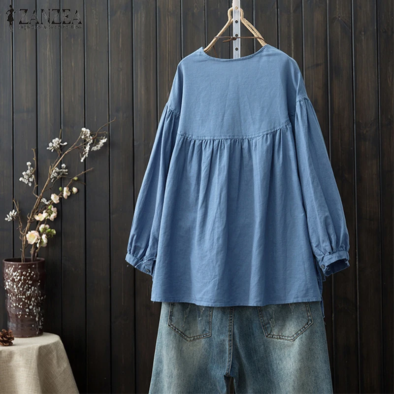  ZANZEA 2019 Autumn Cotton Top Women Button Down Shirt Pleated Blouse Female Casual Long Sleeve Blus