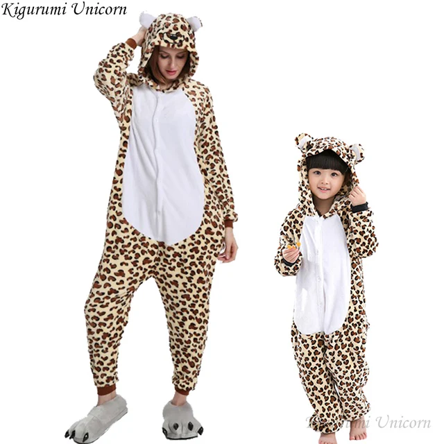 Kigurumi Unicorn Pajamas For Girls Boys Adults Animal leopard Pajamas Sets Sleepwear Winter Stitch Women Onesie Pyjamas Kids - Цвет: leo bear