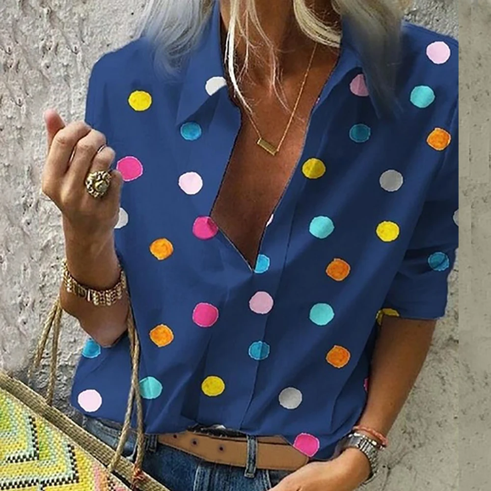 

Adisputent Summer Blouse Women Tops Casual Long Sleeved Loose Dot Print Deep V Neck Shirt Bluzki Damskie Blusas Mujer De Moda