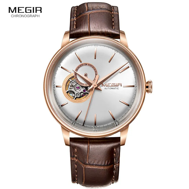 Мужские механические наручные часы MEGIR с кожаным ремешком, модные повседневные деловые наручные часы для мужчин, водонепроницаемые, 5 бар, 62057G-BK-1 - Цвет: M62057-Rose