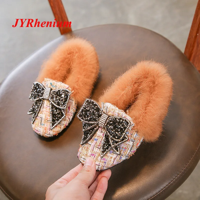 

JYRhenium Kids Shoes For Girl PU Leather Children's Flats 1-6 Age Fashion Babys Shoes Autumn Winter Half Plush Princess Shoes
