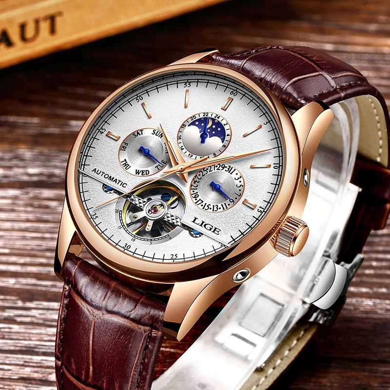 LIGE 2019 Топ бренд роскошные модные мужские кожаные часы Tourbillon автоматические