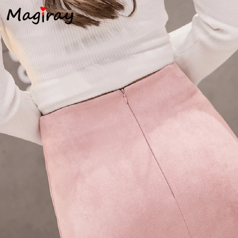 Magiray Harajuku юбка-карандаш с высокой талией, Женская замшевая Юбка До Колена, осенняя Зимняя юбка, винтажная Сексуальная черная розовая юбка C465
