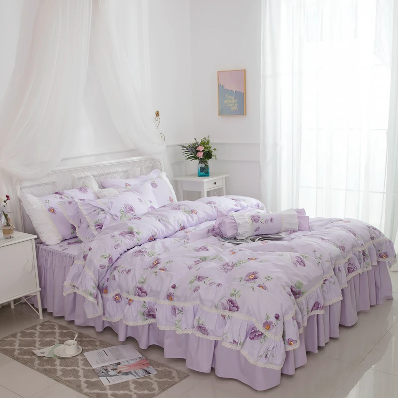 Комплект постельного белья с фиолетовыми и розовыми цветами, с принтом, двойной, королева, король размер, Комплект постельного белья, ультра мягкий, с оборками, пододеяльник, постельное белье, юбка