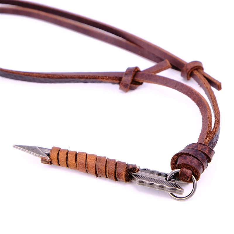 NIUYITID Arrow Pendant Necklace Men Brown 100% Genuine Leather Necklace Jewelry Adjustable Male Vintage Collier Kolye  (4)