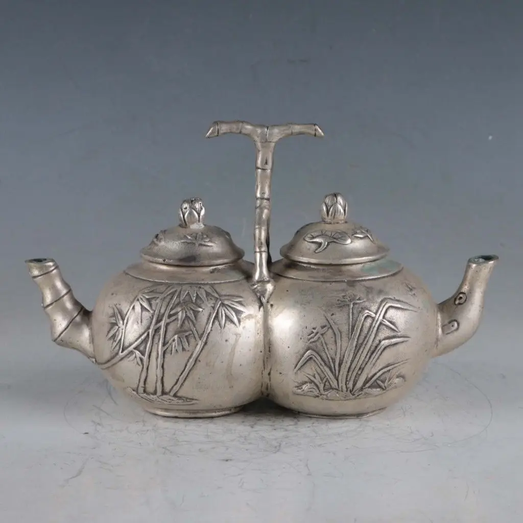 Chinese Rare Silvering Copper Bamboo Double Teapot Made By The Royal DaQing Chinese Rare Silvering Copper Bamboo Double Teapot Made By The Royal DaQing