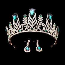 1 комплект, большие винтажные зеленые стразы, перо, корона, Свадебное бальное платье, кристалл, лист, выпускной, тиара, повязка на голову, аксессуары для волос невесты