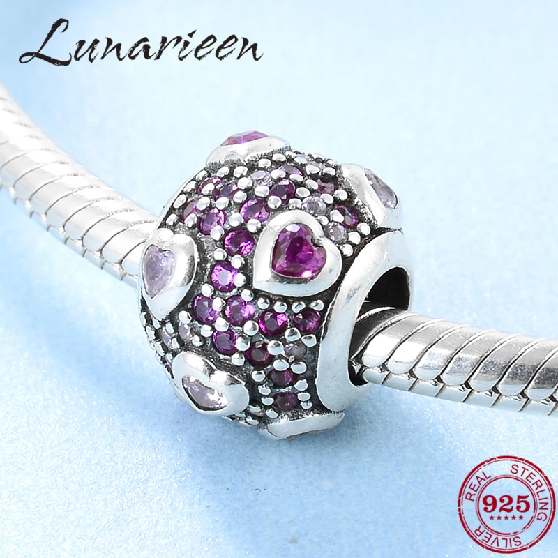 

Fashion 925 Sterling Silver deep pink heart shape CZ Fine beads Fit Original Pandora Charm Bracelet Jewelry making
