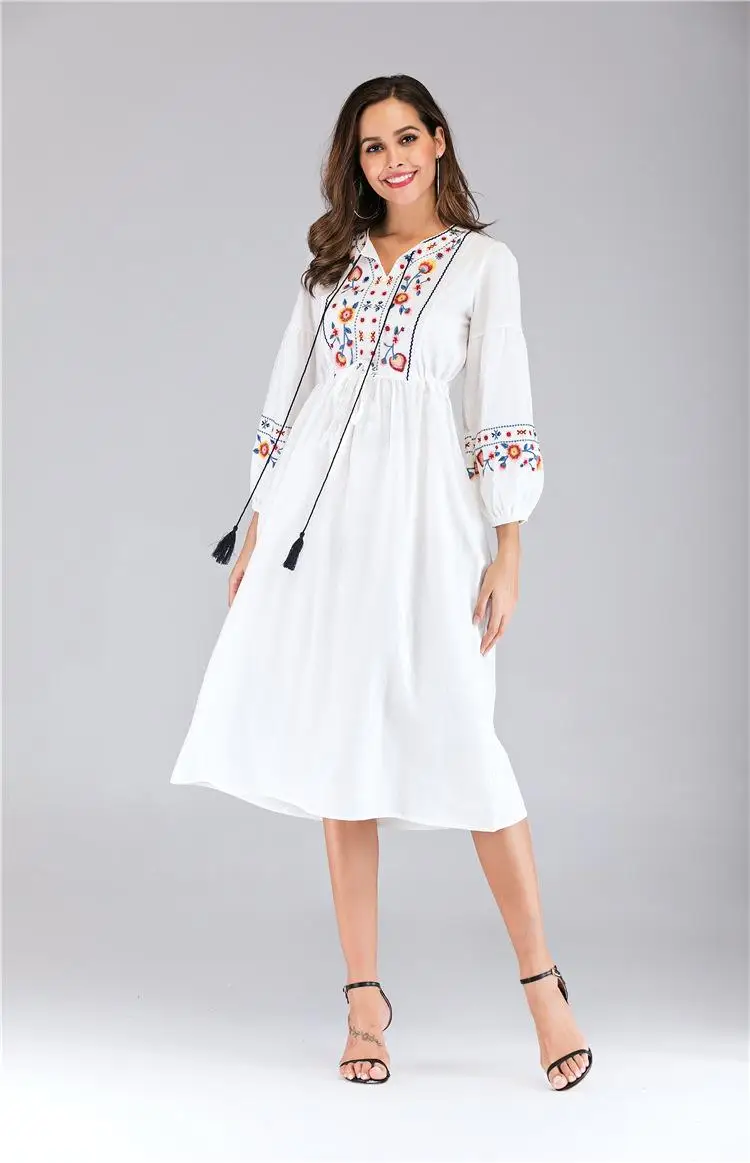 Boho Style Dress Vyshyvanka with Embroidery Linen Loose Long Sleeve Ethnic Ukrainian Rose Flash 