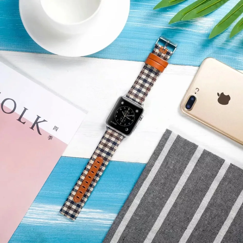 

Plaid Fabric Leather Band for 38/40mm 42/44mm Apple Watch Strap iwatch Belt Bracelet Series 4 3 2 1 I343.