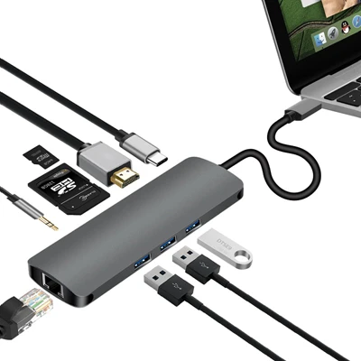 

OLOEY USB C Type C 3.1 HUB to HDMI RJ45 Gigabit Ethernet Adapter 3.5mm Audio With Type C PD SD TF Card Reader Hub For Macbook