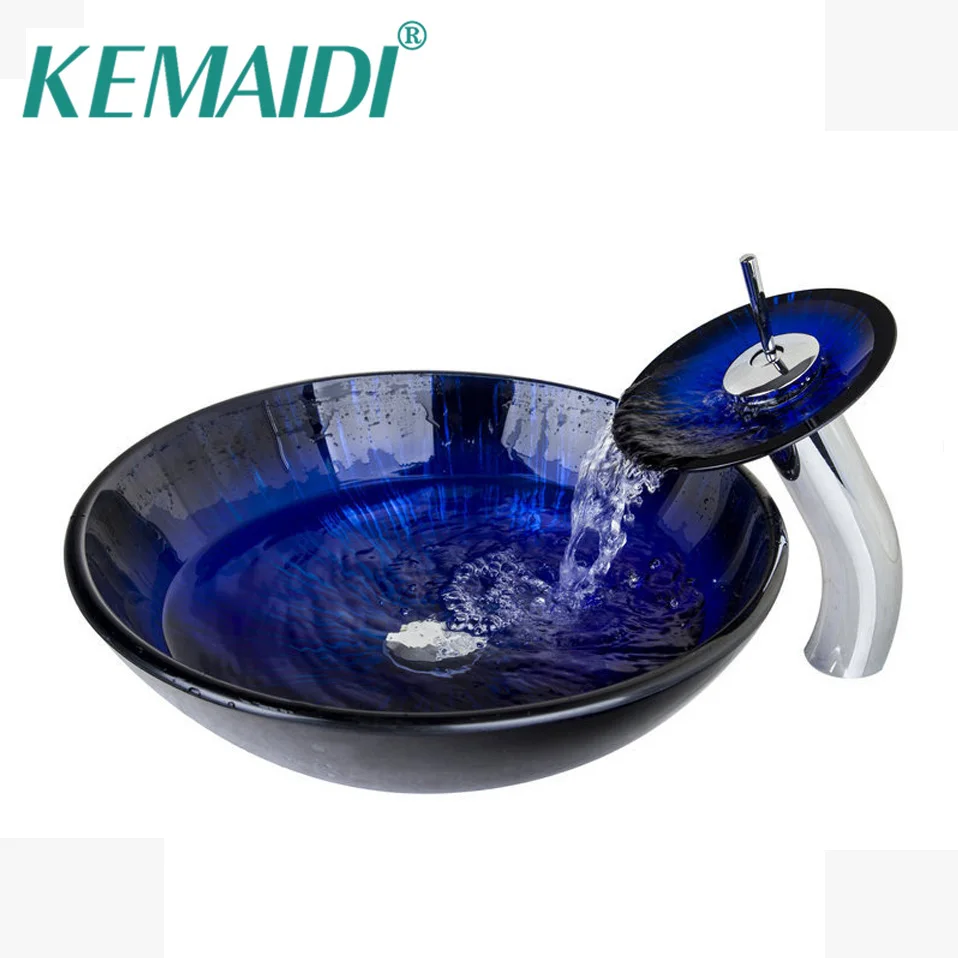 Us 120 46 42 Off Kemaidi Dark Blue Bathroom Sink Transparent Tempered Glass Vessel Sink With Waterfall Faucet Wash Basin Set Dv4211 1 In Bathroom