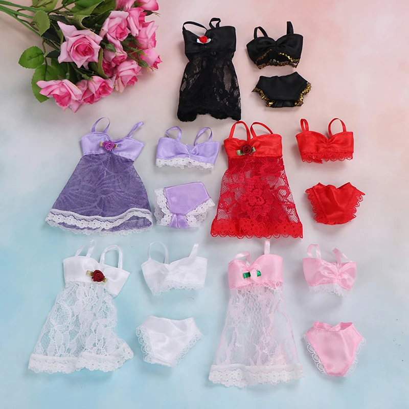 

3Pcs/Set Girl Toy Sexy Pajamas Lingerie Lace Rose Costumes + Bra + Underwear Dress Clothes For Doll Clothes Accessories