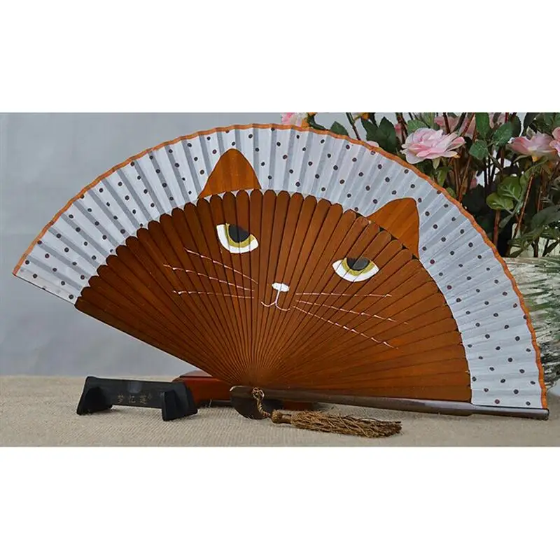 Cat Pattern Foldable Fan Silk Bamboo Case Classic Style Cartoon Handheld Fan 1Pc 