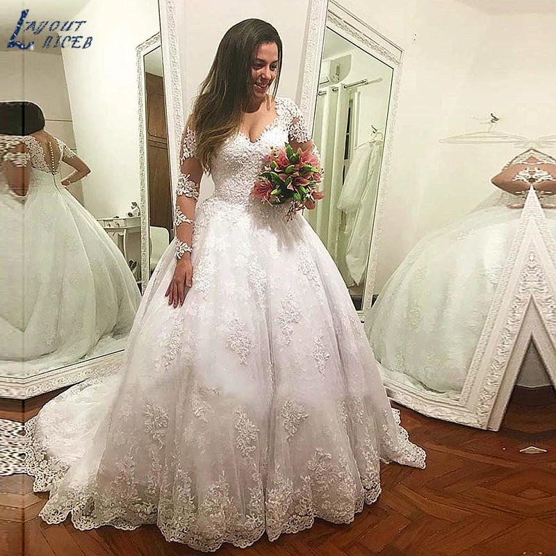 

ZL1045 New 2019 Gorgeous Sexy Long Sleeves Ball Gown Lace Wedding Dresses Bridal Gown Celebrity vestido De Noiva robe de mariee