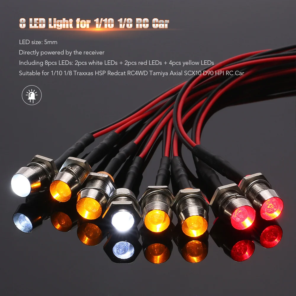 

8 LED Light Kit 2 White 2 Red 4 Yellow for 1/10 1/8 Traxxas HSP Redcat RC4WD Tamiya Axial SCX10 D90 HPI RC Car LED Lamp
