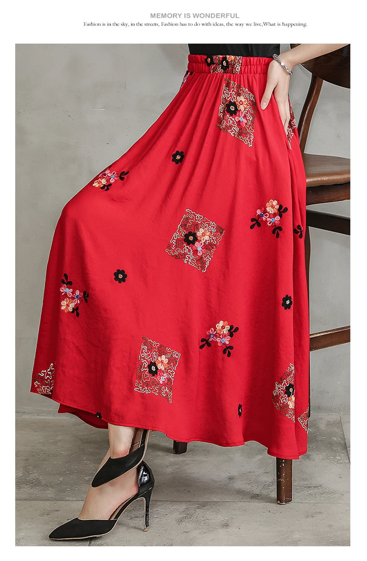 Хит, летняя женская хлопковая льняная длинная юбка в национальном стиле, модная винтажная юбка с эластичной талией и вышивкой, женская одежда
