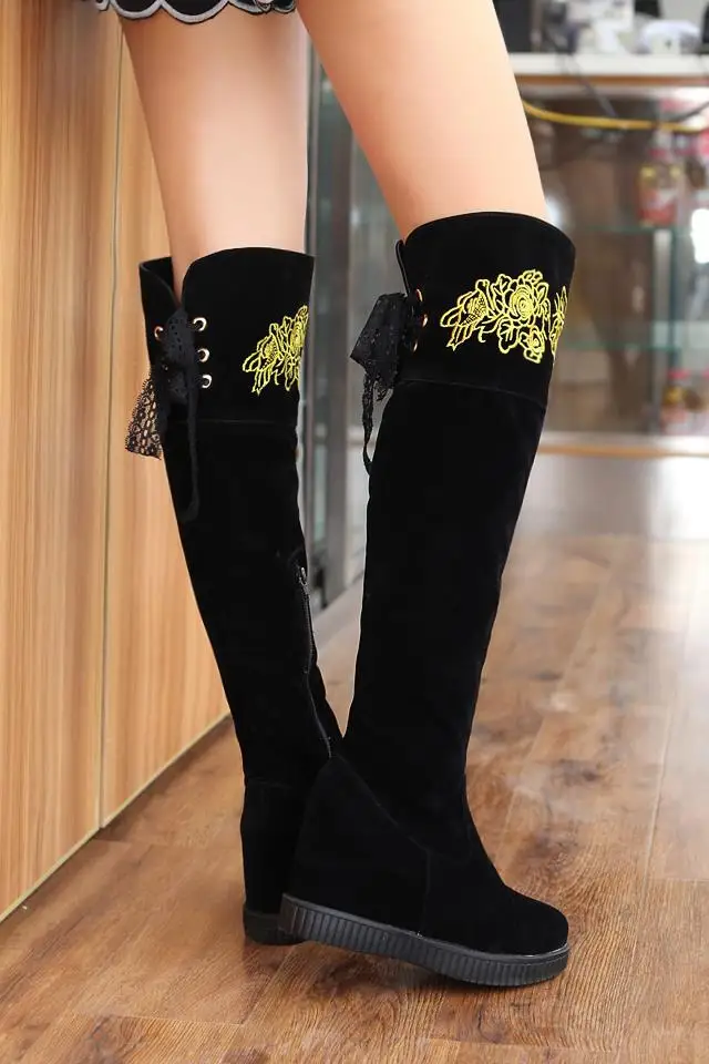

2015 winter New Snow Knee Boots Women Embroidery Lace Boots Fashion Breath Round Toe Solid Color Knee boots Big size 34-43 R410