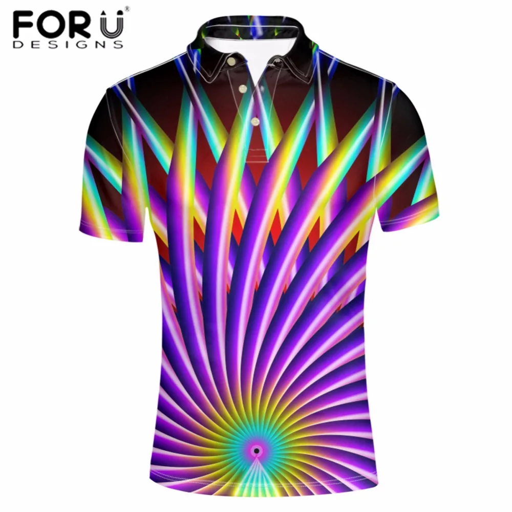 

FORUDESIGNS Polo Shirt Men Tops Tees Stylish Short Sleeve Mens Fashion Solid Summer Leaf Ripple Print 3D Patchwork Polyester