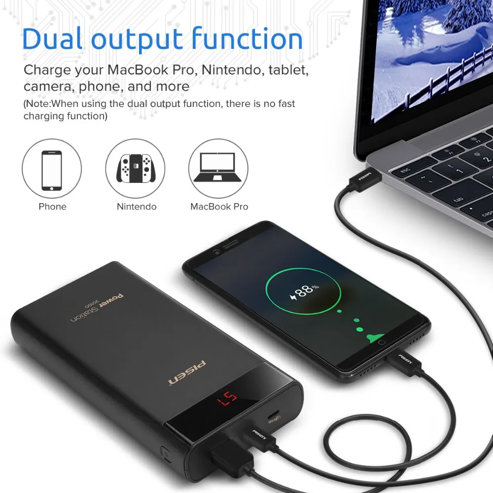 PISEN Quick Charge 3 0 PD power Bank 20100 мАч портативное Внешнее зарядное устройство 2.4A bank
