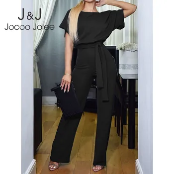 

Women 2019 Summer Elegant Solid Wide Leg Chiffon Jumpsuits Female Casual Short Sleeve O Neck Sashes Jumpsuit Overalls Rompers