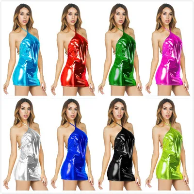 

European and American sexy patent leather dress miniskirt nightclub stage performance PU bright hanging neck strap backless hip