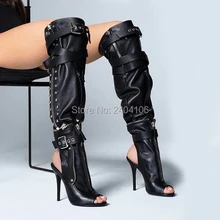 Botas Mujer; коллекция года; кожаные туфли с ремешком на пятке; декоративная пряжка на молнии; пикантные женские черные сапоги до колена с открытым носком на тонком высоком каблуке