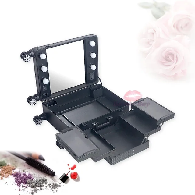 Professional black aluminum makeup case with lights, Lighted makeup