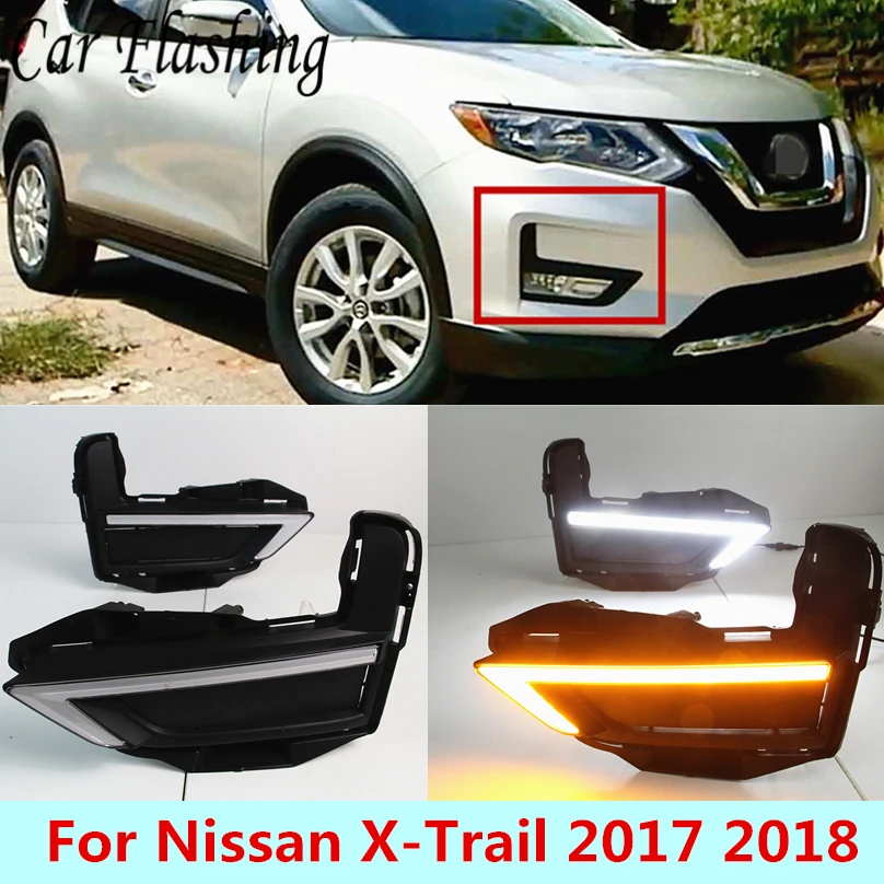 2 шт. DRL для Nissan X-Trail Xtrail X trail дневные ходовые огни Противотуманные фары 12 в дневной свет с желтым сигналом