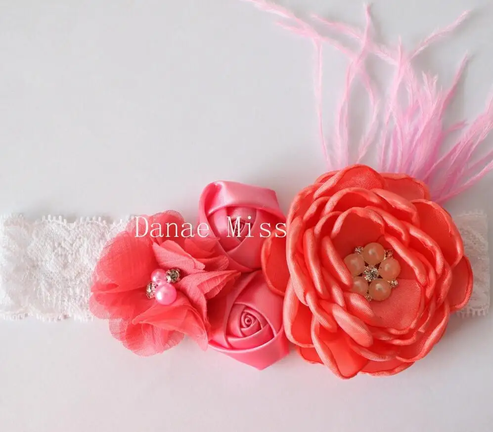 Модная одежда для девочек перо цветок оголовье шифона вырос Многоуровневая Poppy flower с Кружевная повязка на голову 1 шт - Цвет: Coral