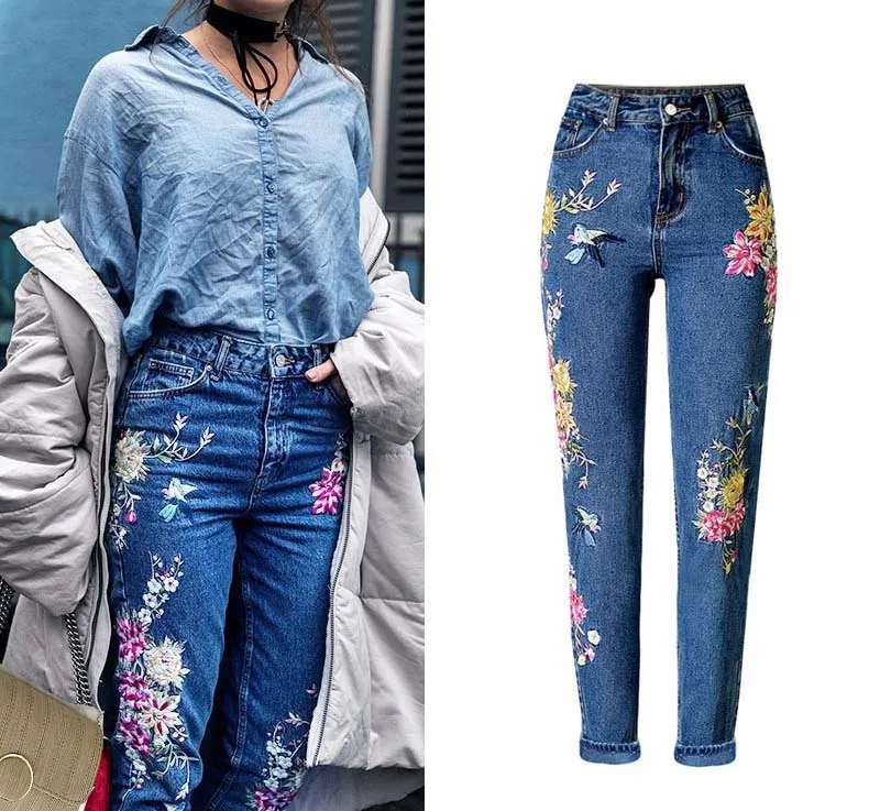 Women's three-dimensional 3D heavy process bird flower front and rear embroidery high waist Slim straight jeans large size system (4)