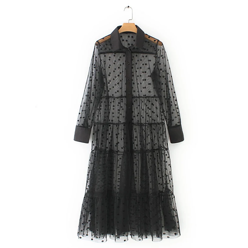 

liva girl women stylish polka dot patchwork transparent midi shirt dress long sleeve female chic sexy mesh dresses vestidos