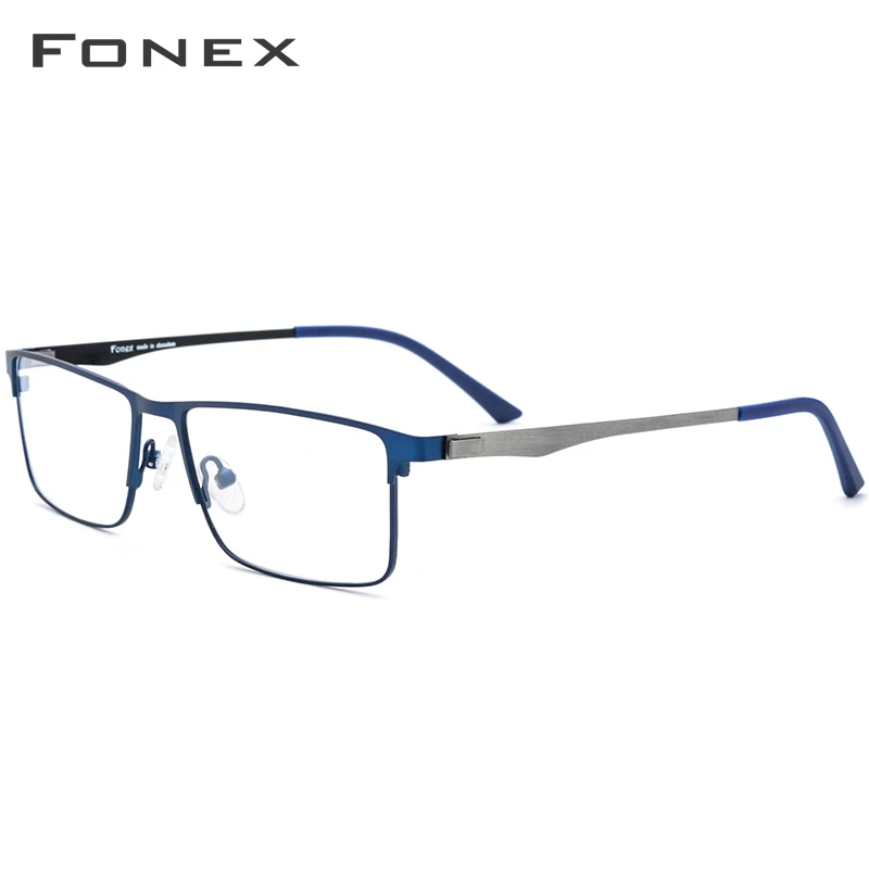 FONEX, сплав, оправа для очков, Мужские квадратные очки для близорукости по рецепту,, мужские, металлические, полностью оптические оправы, Корея, Безвинтовые очки - Цвет оправы: Синий