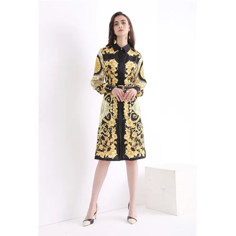 

High quality 2018 fashion retro print slim waistband metal button decoration long sleeve casual temperament woman dress
