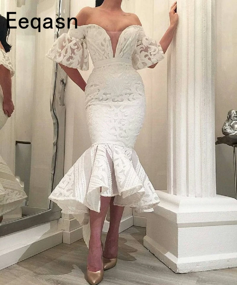 

2019 Sexy White Glitter Evening Dresses V Neck Short Sleeve Elegant Arabic Formal Party Gown vestido largo