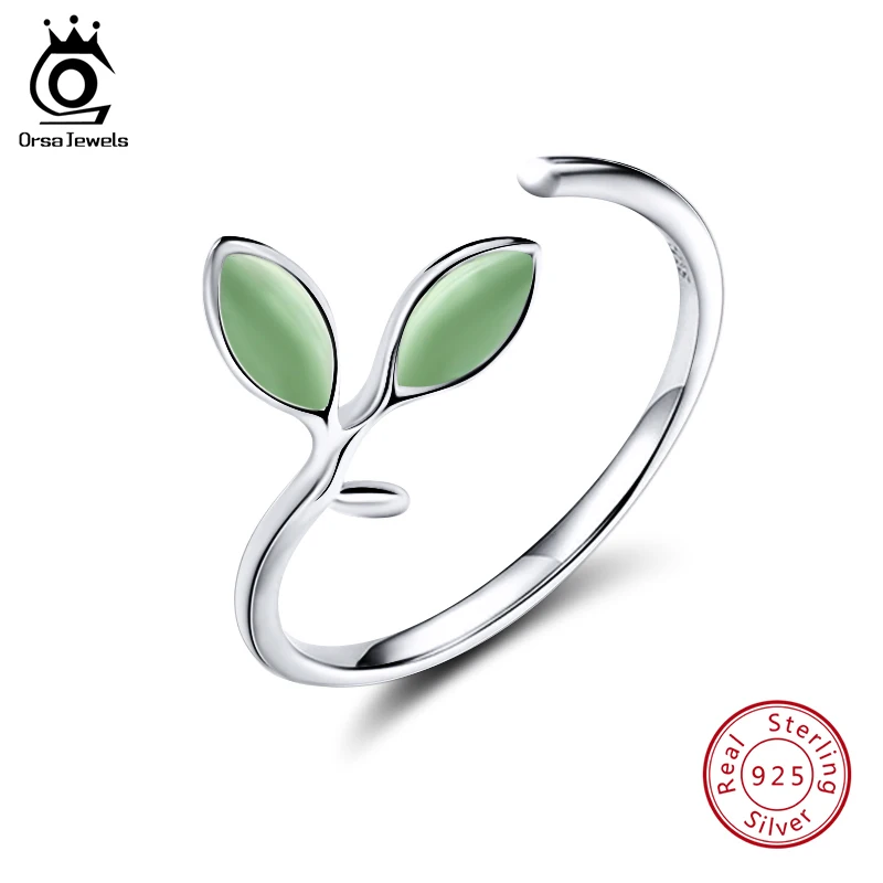 

ORSA JEWELS Real 925 Sterling Silver Women Ring Leaf Pattern Green Stone Resizable Silver Rings Wedding Band Jewelry Gift OSR92