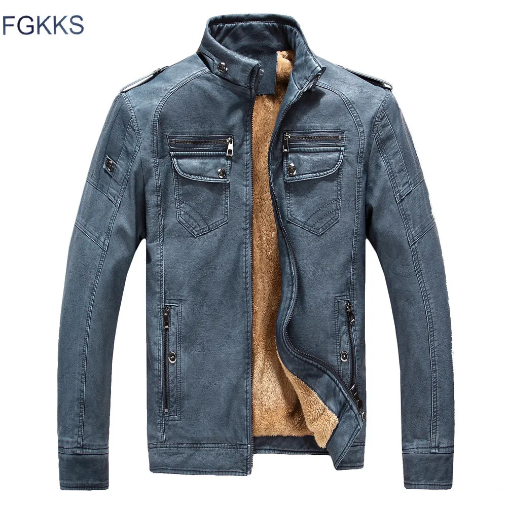 FGKKS New Winter Fashion PU Leather Jacket Men Black Red Brown Solid Mens Faux Fur Coats Trend Slim Fit Youth Suede Jacket Male