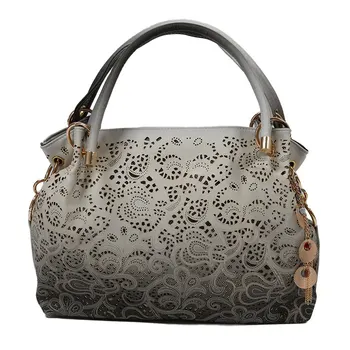 

women handbag leather hollow out bags color gradient tassel bag ladies portable shoulder bag(Gray)