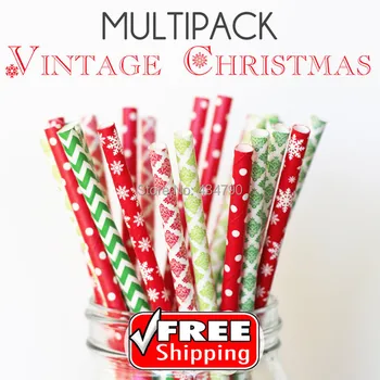 

150pcs Mixed 6 Designs VINTAGE CHRISTMAS Themed Paper Straws -Chevron, Dots, Damask, Snowflake, Party, Red, Kelly Green, Lime