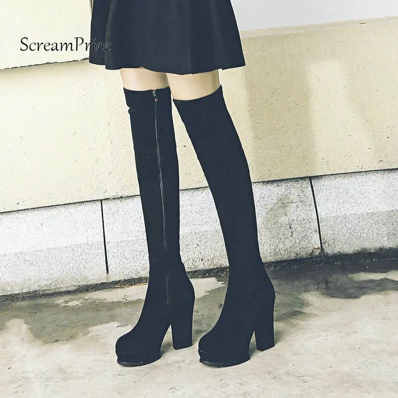 

New Suede Platform Square High Heel Woman Over The Knee Boots Side Zipper Winter Stretch Boots Fashion Ladies Thigh Boots