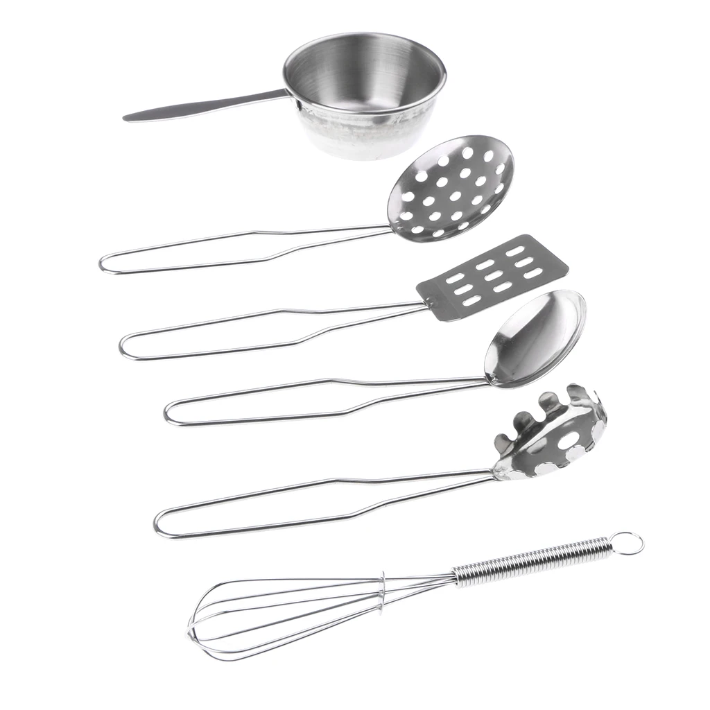 Kids Stainless Steel Kitchen Utensil Playset C (6pcs) for Children Pretend Play Chef Cooking 