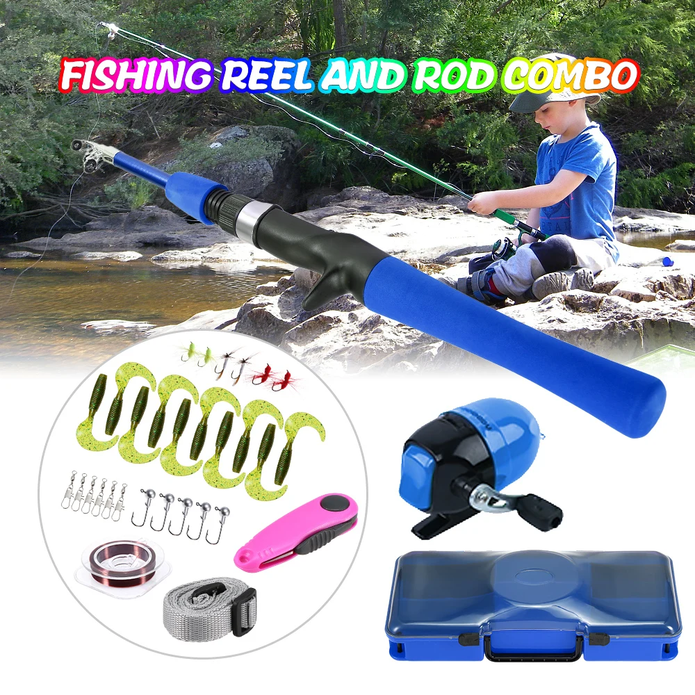 Vara de Pesca e Molinete de Combinação para as Crianças Carretel de Pesca Vara de Pesca Linha de Pesca Spincast Telescópica Pólo Iscas Ganchos Acessórios 1.2 m 4 Vara de pesca e Molinete de Combinação