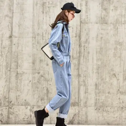 Blue Elegant Women Denim jumpsuit Pants Autumn Long Sleeve High Waist Retro Jeans Overalls Rompers Female AE255